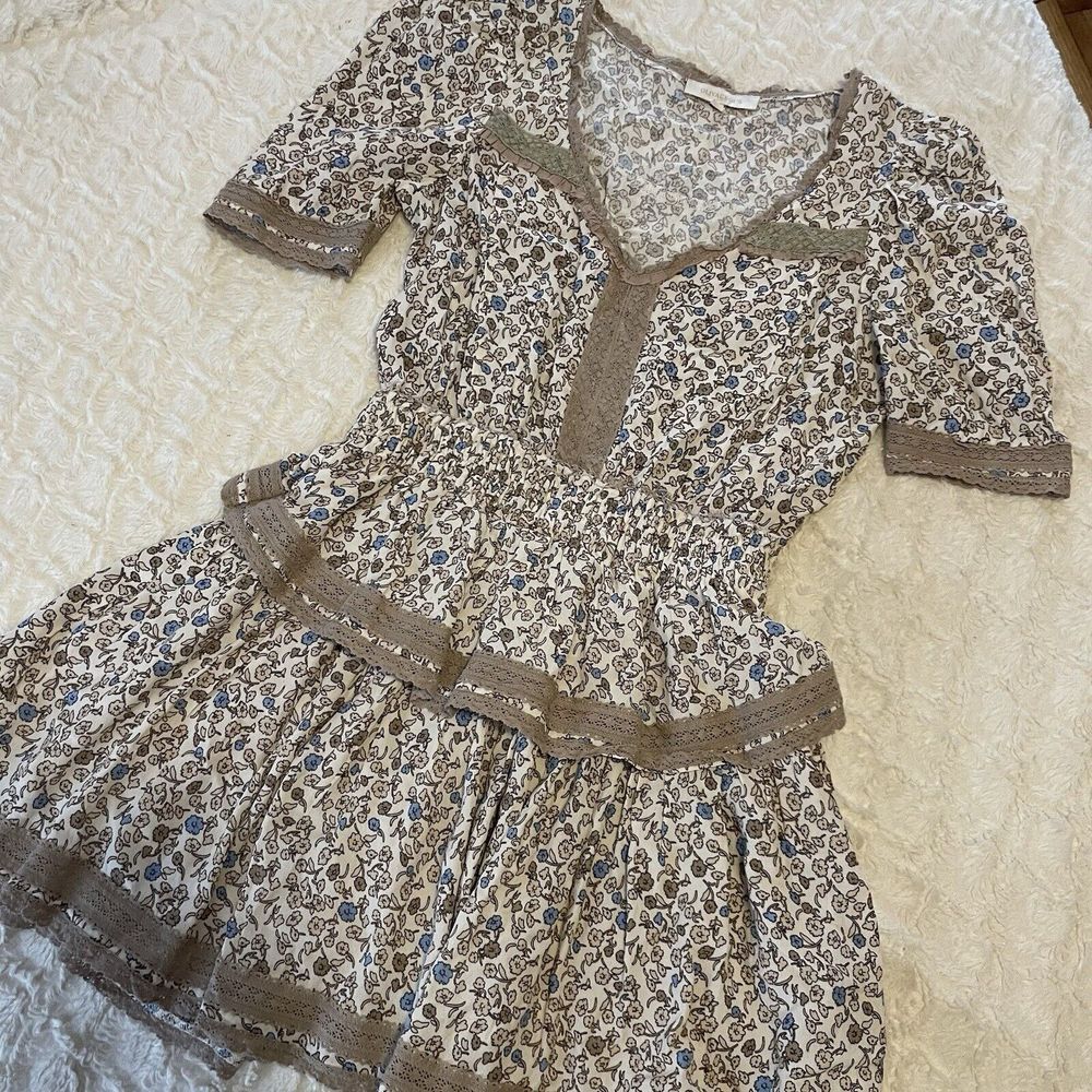 Olivaceous Tan Blue Floral Boho Smocked Waist Ruffled Dress small S